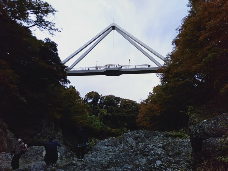 高津戸峡の遊歩道を下りた川辺から見えるはねたき橋